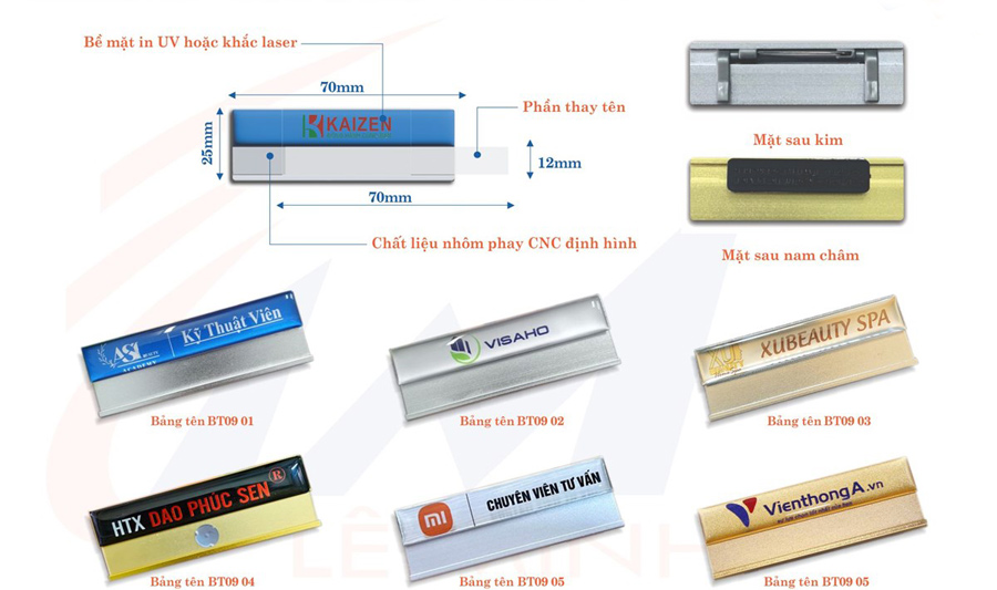 thiêt kế, in ấn bảng tên đeo áo thay được tên nhân viên chất liệu nhôm nguyên khối