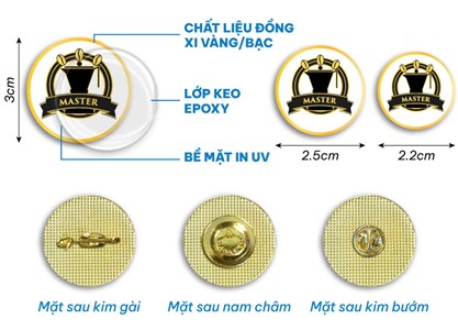 huy hiệu đeo áo đồng xi vàng/bạc in uv